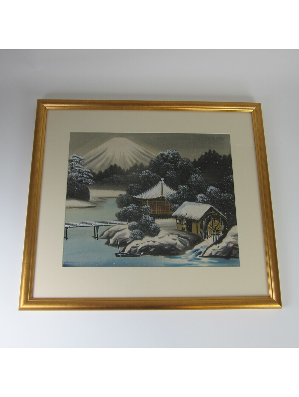 Vintage Japanese Hand Painted Silk Landscape Art Framed Mills Stream Boat Bridge